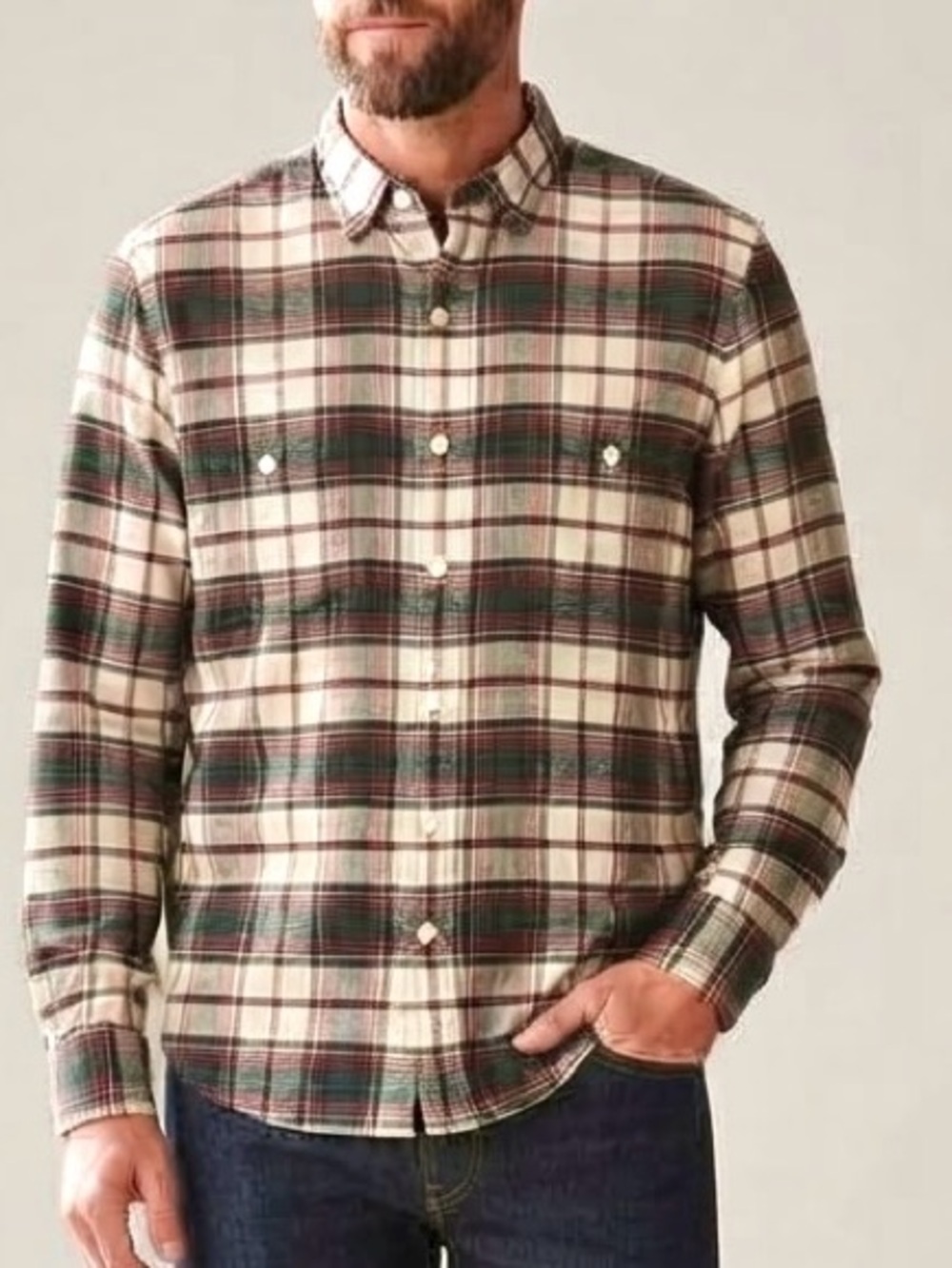 J. Crew Plaid Flannel Shirt Red Green Ivory Long Sleeve Button Down Pocket XL